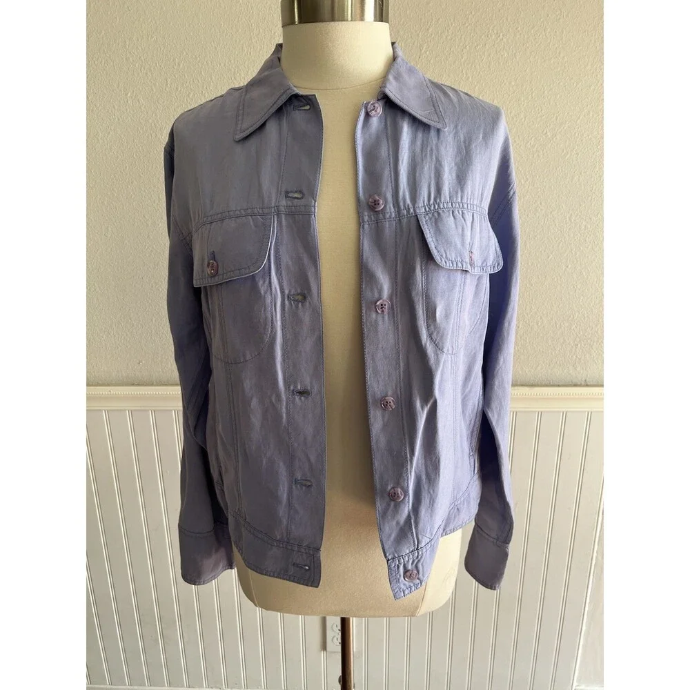 Debra DeRoo Collar Button Up Jacket Lightweight Silk Linen Blend Periwinkle S - Picture 3 of 12